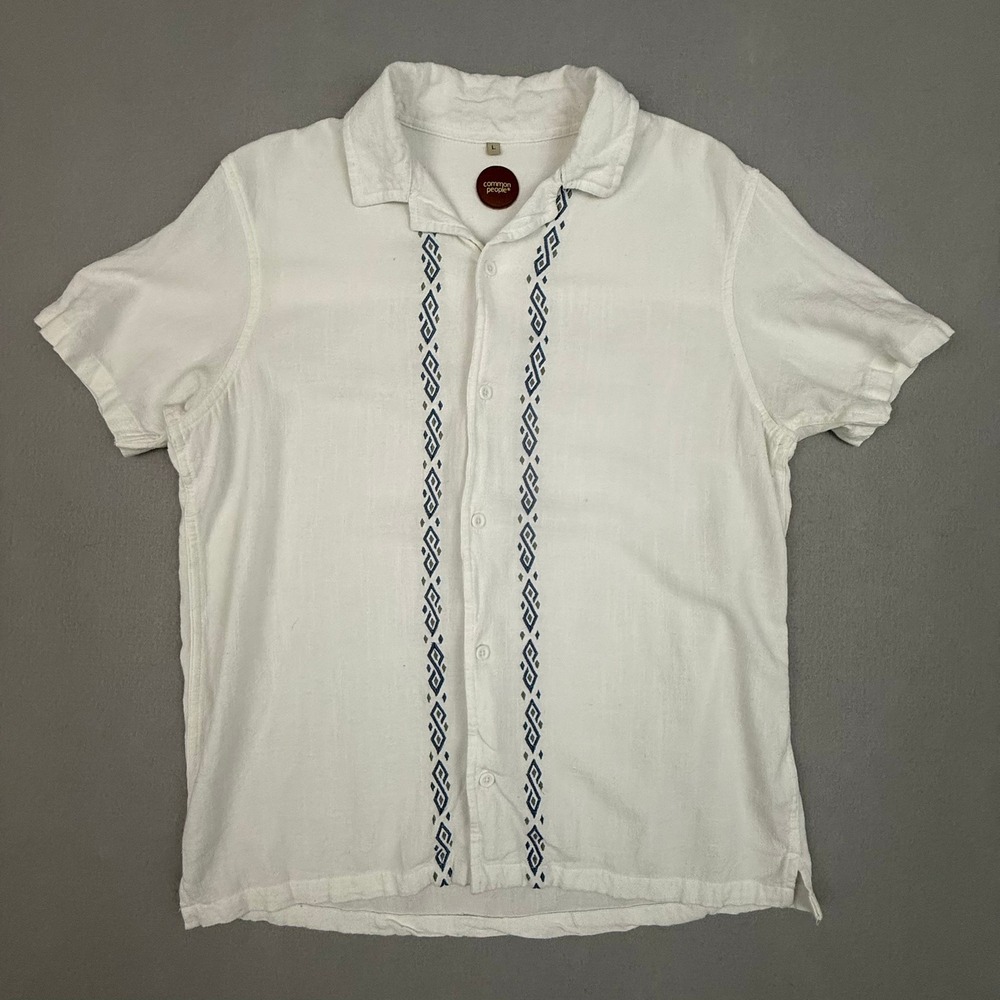 Common People Shirt Mens Large Short Sleeve Button Up Geometric Embroidery White